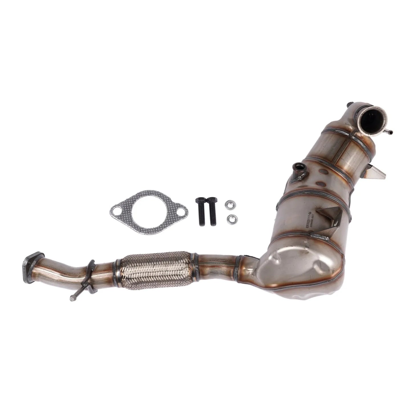 Srebrny metaliczny filtr cząstek diesla dpf euro 6 z siatkowaną sekcją i kołnierzami do ford tourneo transit custom v362