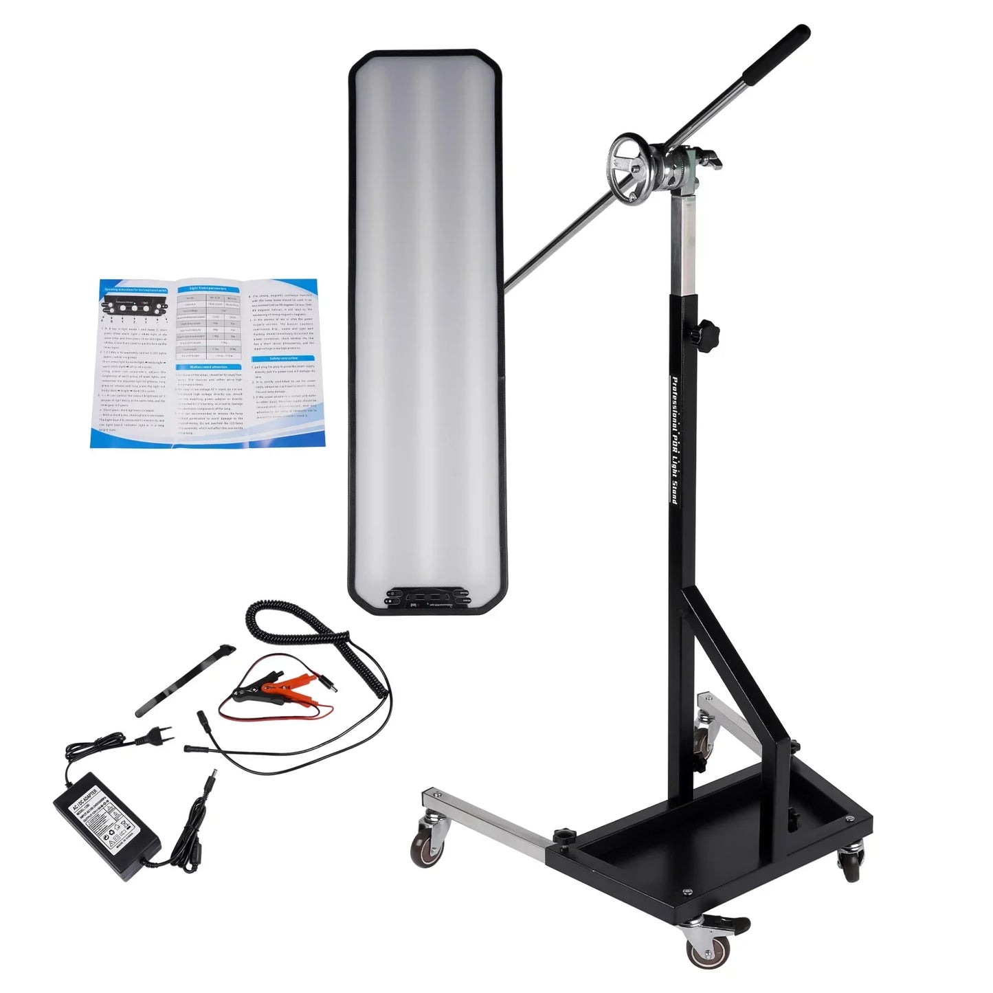 Czarna metalowa lampa pdr led ap03 z regulowaną wysokością i kółkami na stojaku podświetlająca panel led 12v