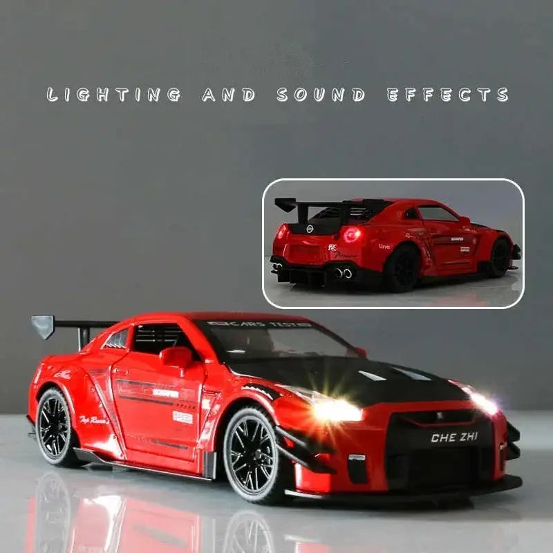 Nissan GTR R34/R35 Skyline Ares 1:24 – Metalowy Model Z Dźwiękiem i Światłem - Czerwony z pudełkiem