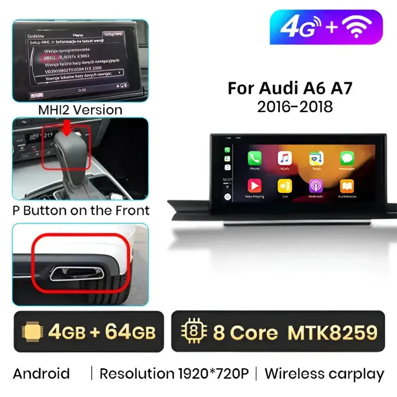Bezprzewodowy odtwarzacz multimedialny CarPlay i Android Auto dla Audi A6/A6L/A7 (2012 - 2019) – Android 11, 1920x720P, 4G Doświadczenie audio - Multigenus