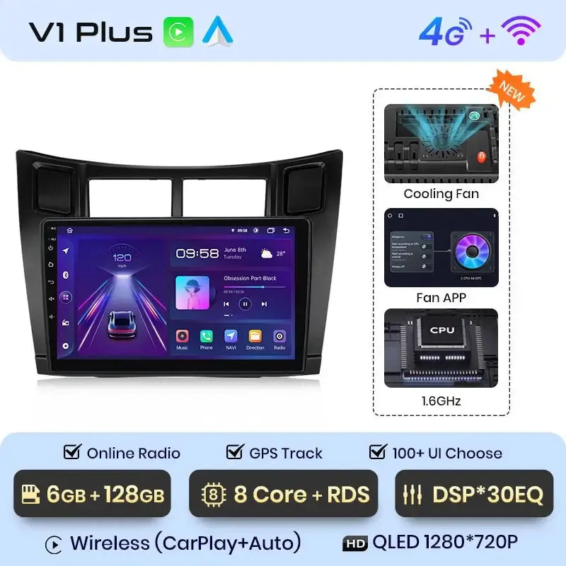 Radio samochodowe V1 Plus do Toyota Yaris 2005 - 2012 | Bezprzewodowy CarPlay i Android Auto | Inteligentny system samochodowy - Multigenus