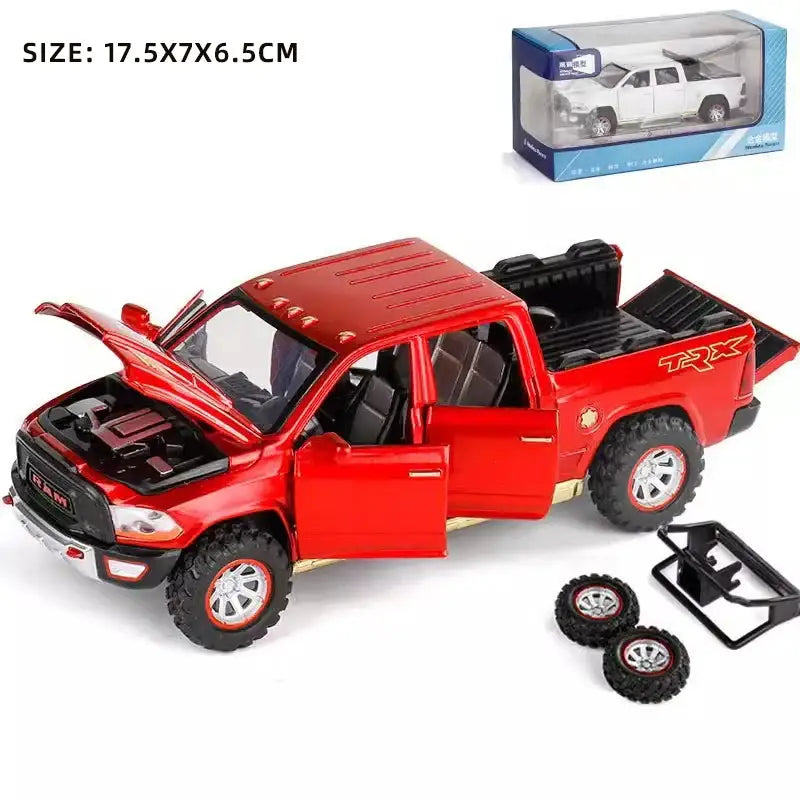 RAM Pickup Truck 1:32 – Metalowy Model z Dźwiękiem i Światłem - Czerwony z pudełkiem