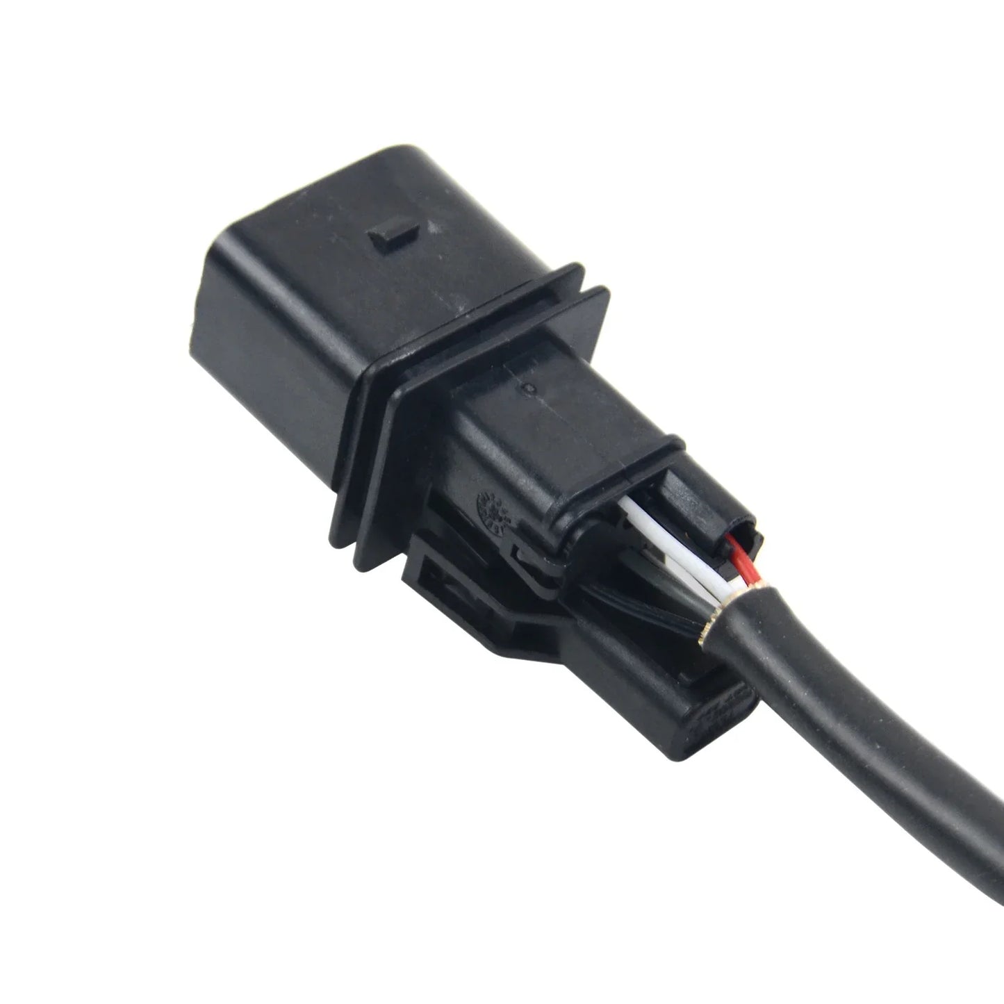Czarny plastikowy złącze elektryczne z odsłoniętymi białymi i czerwonymi przewodami do sonda lambda do bmw e46 e83 e85 316i 318i