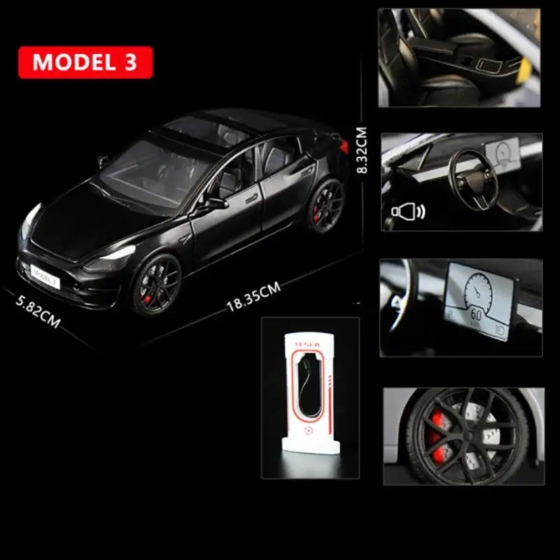 Tesla Model 3 / Model Y 1:24 – Metalowy Model Samochodu z Efektami Dźwiękowymi i Świetlnymi - Model 3 czarny bez pudełka