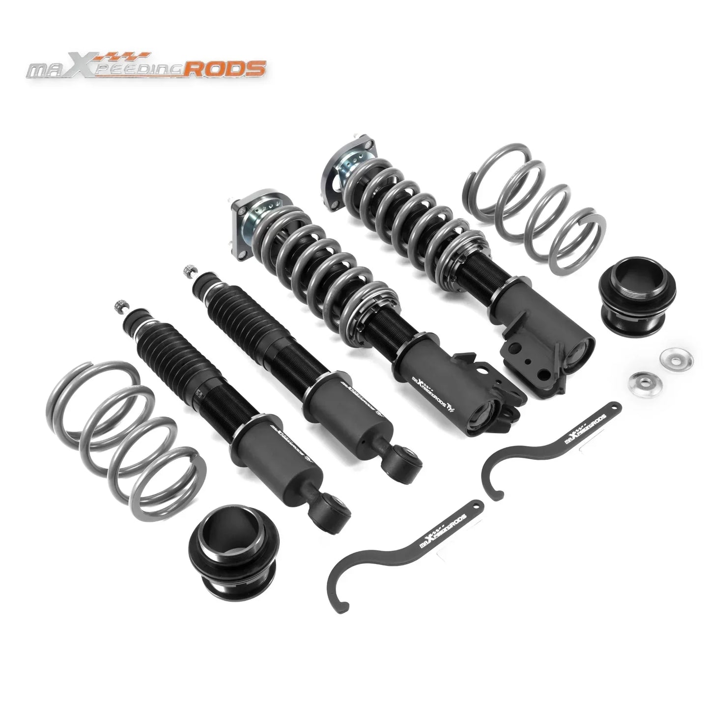 Czarny i srebrny zestaw coilover maxpeedingrods t7 24 stopnie amortyzacji do ford mustang sn95 94-04