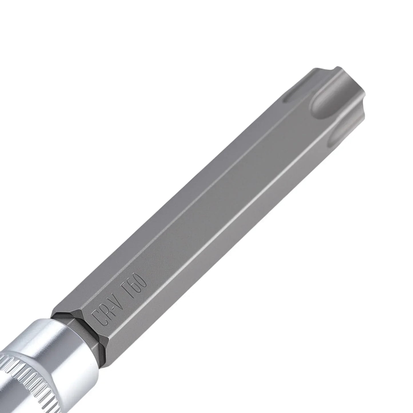 Szary metaliczny klucz nasadek torx crv t60 3/8 cala z teksturowanym uchwytem i precyzyjnym designem