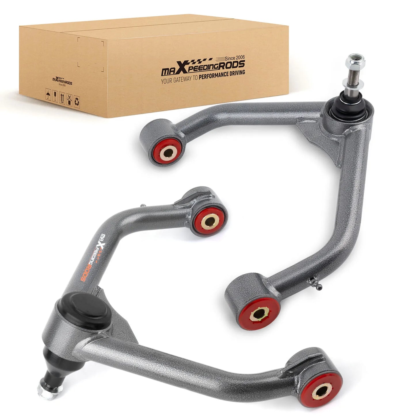 Szare metaliczne górne wahacze max speed rods z czerwono-czarnymi gumowymi tulejami do podnoszenia zawieszenia ram 1500 4x4
