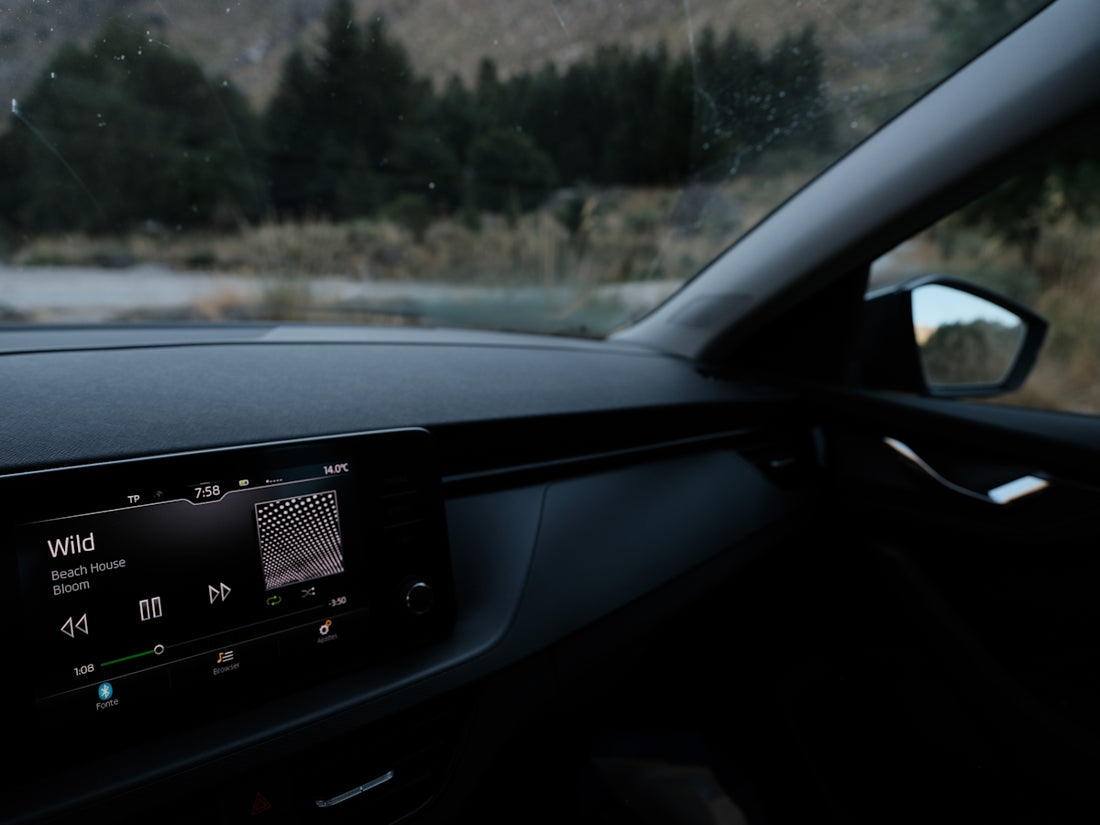 Car dashboard with music playing and view outside