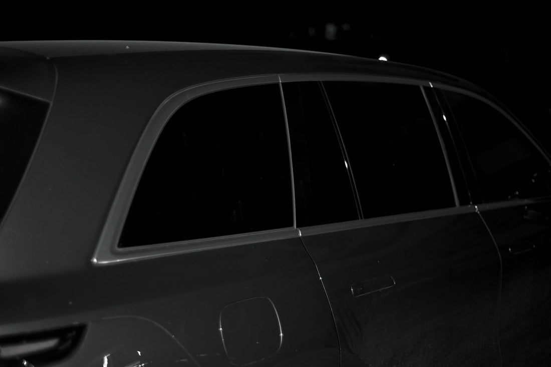 A dark, side profile view of a car.