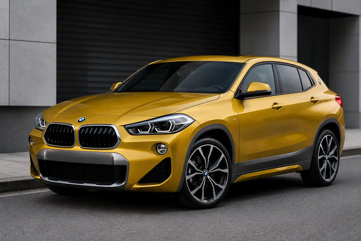 Vibracyjny żółty bmw x2 suv z czarnymi felgami i charakterystycznym grillem oferuje radio android z carplay android auto i auto 4g wifi