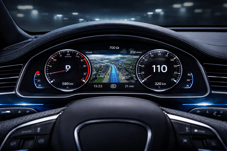 Cyfrowy zestaw wskaźników z podświetlanymi analogowymi tarczami i centralnym wyświetlaczem dotykowym, z czarnymi przyciskami na kierownicy obszytej skórą.