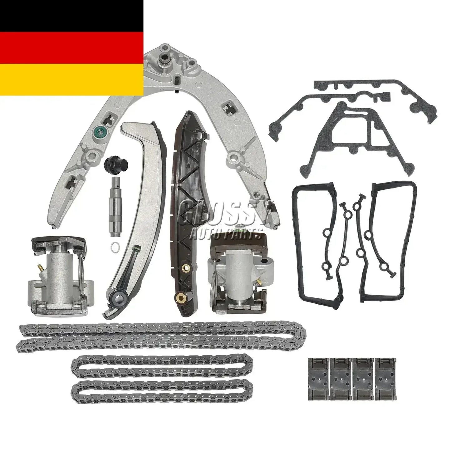 Srebrny metaliczny zestaw rozrządu z łańcuchem i napinaczem do bmw 540i e39 m62 i land rover 4.4lv8