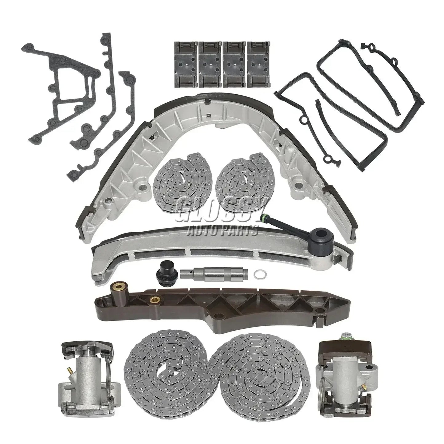 Srebrny metaliczny zestaw rozrządu z dwoma łańcuchami i kołami zębatymi do bmw 540i e39 m62 land rover 4.4lv8