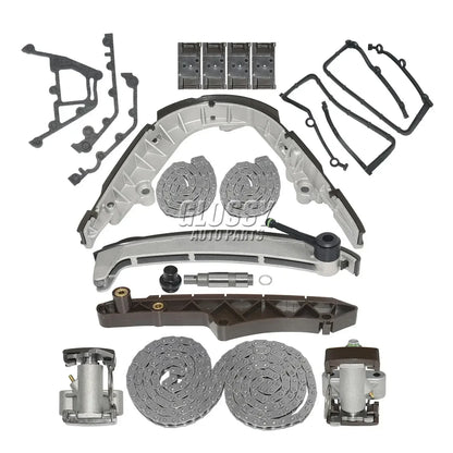 Srebrny metaliczny zestaw rozrządu z dwoma łańcuchami i kołami zębatymi do bmw 540i e39 m62 land rover 4.4lv8