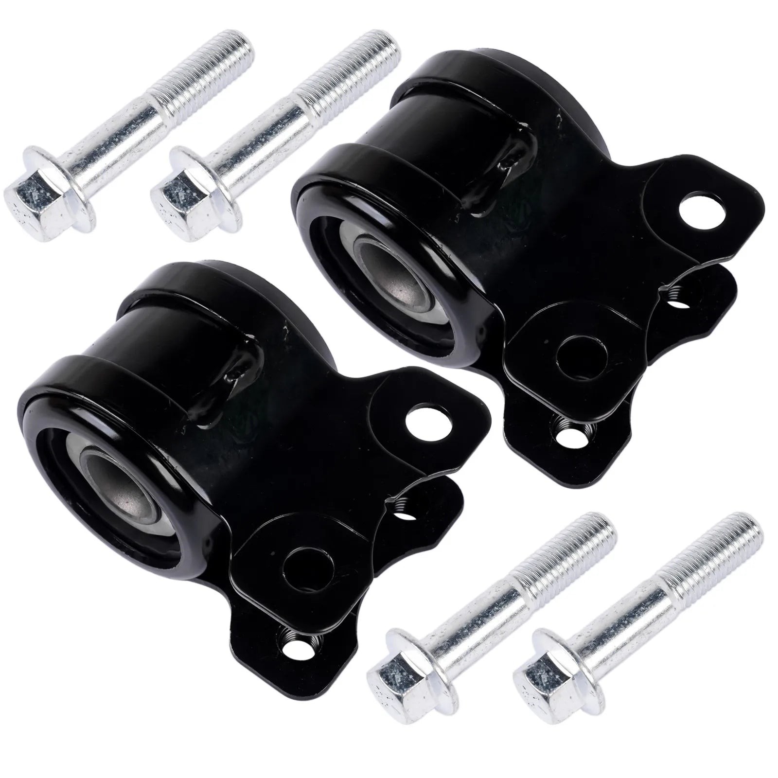 Czarne gumowe tuleje wahacza przedniego z metalowymi mocowaniami i srebrnymi śrubami do ford c max focus volvo ap03