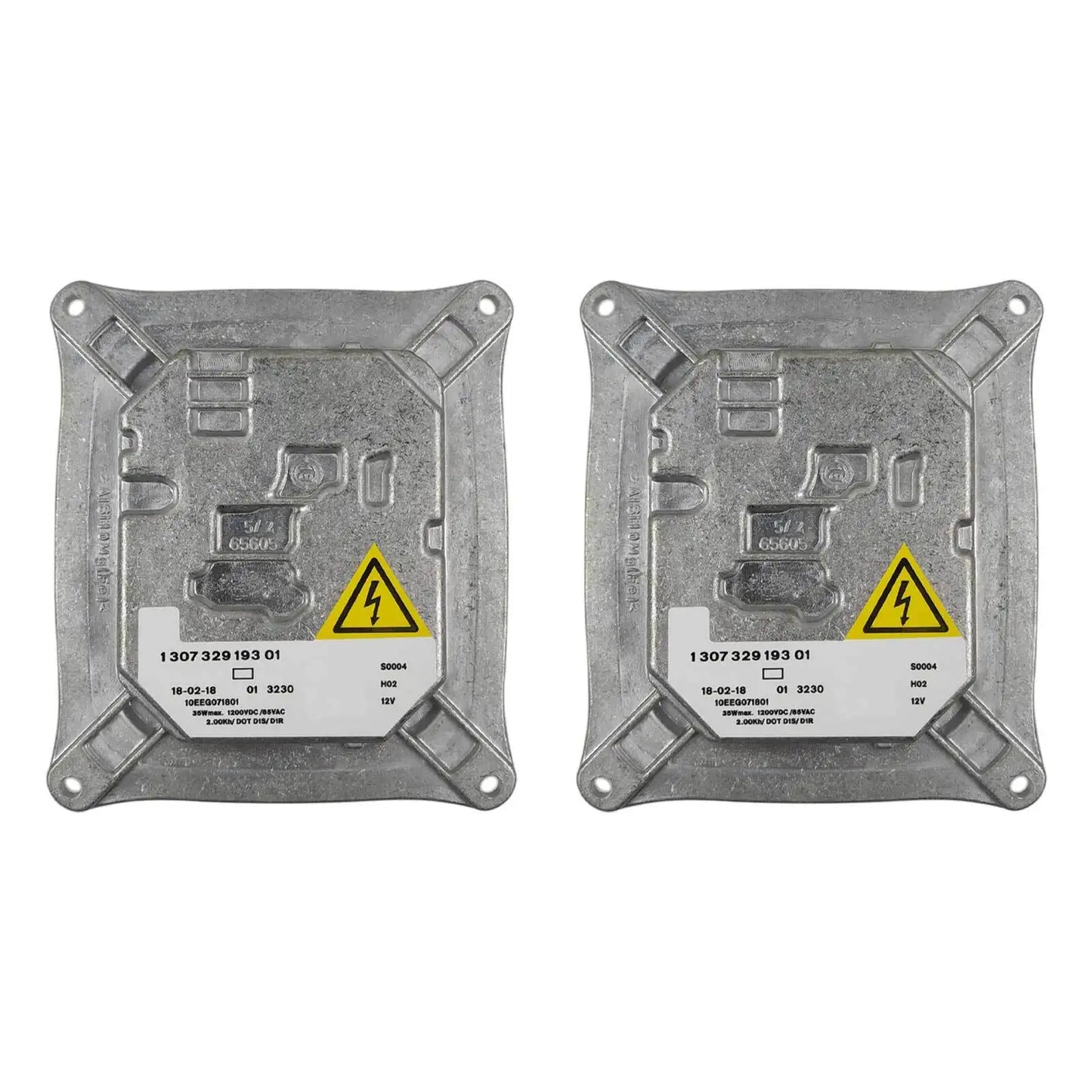 Dwa identyczne srebrne metalowe moduły sterowania reflektora z etykietami do bmw e90 e92 e93 i mini cooper