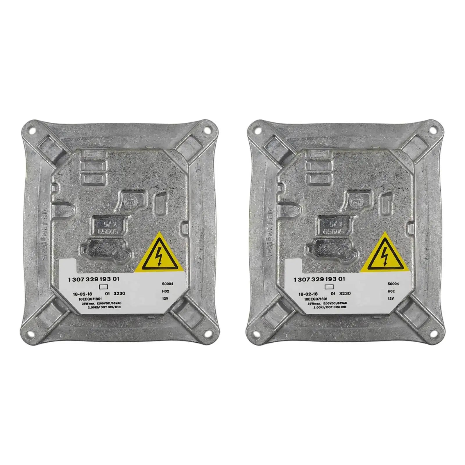 Dwa identyczne srebrne metalowe moduły sterowania reflektora z etykietami do bmw e90 e92 e93 i mini cooper