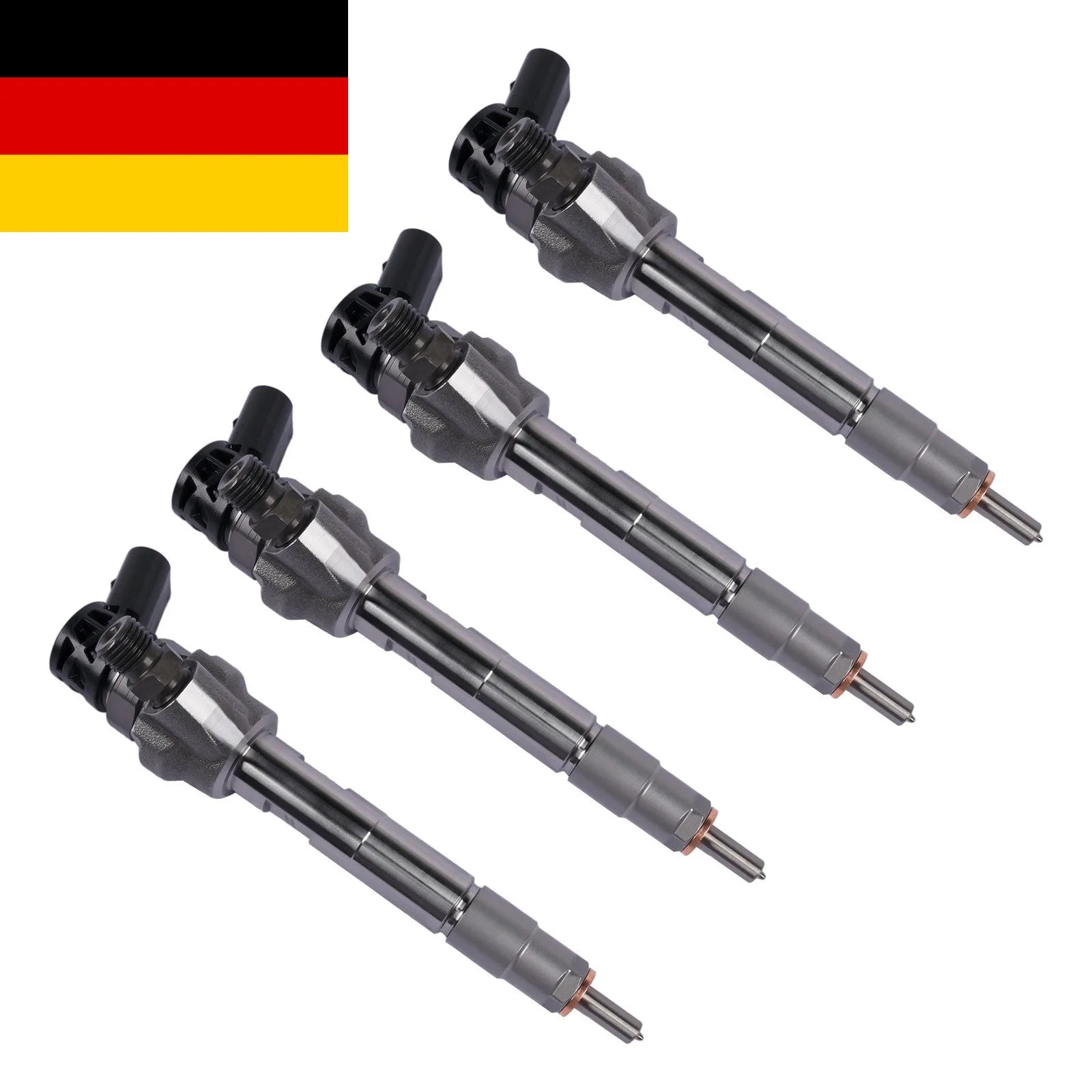 Cztery metaliczne szare wtryskiwacze diesla oem do bmw n47 z miedzianymi końcówkami part number cm3 bmw