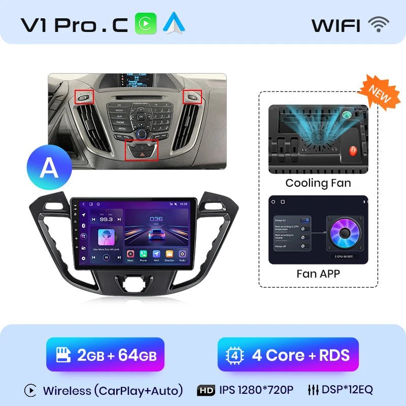 4G Bezprzewodowy CarPlay i Android Auto 2DIN Multimedia GPS Radio do Ford Transit Custom/Tourneo 2013 - 2021 - Multigenus