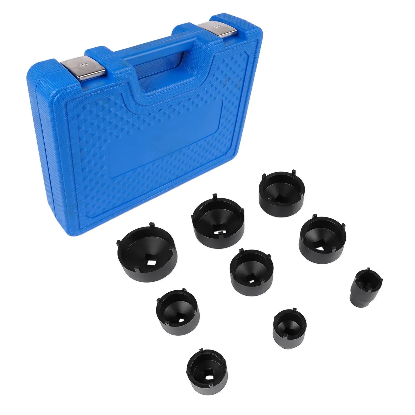 Niebieskie plastikowe etui z zestawem czarnych metalowych kluczy nasadowych km4–km12 o rozmiarach 12,5 i 20 mm