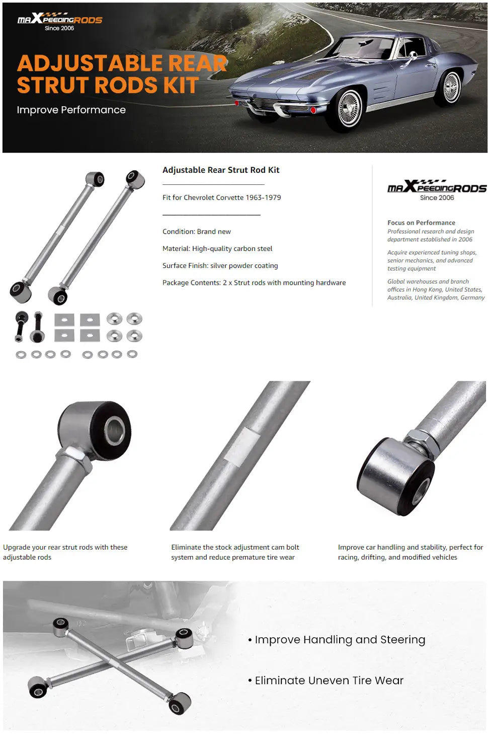 Adjustable Rear Strut Rods Bar w/Rubber Bushing for Chevrolet Corvette 63-79 Set