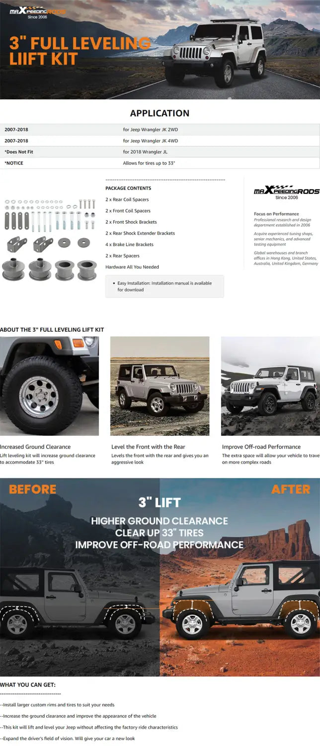 3’’ Front 3’’ Rear Full Lift Leveling Kit for Jeep Wrangler JK 2007-2018
