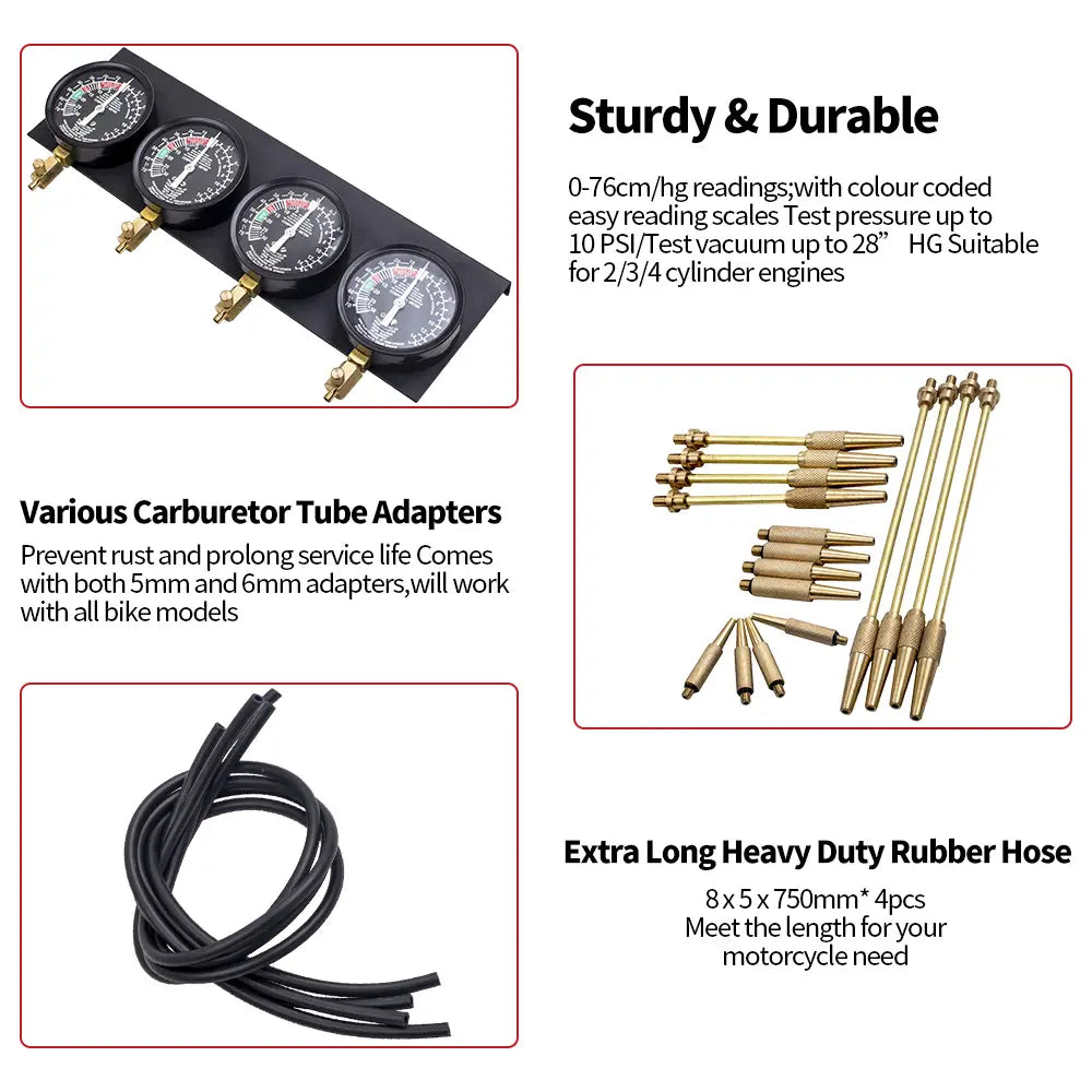 Fuel Vacuum Carburetor Synchronizer Carb Balancer Sync Gauge Set Auto Tool 4 Kit Universal for most standard carburetors