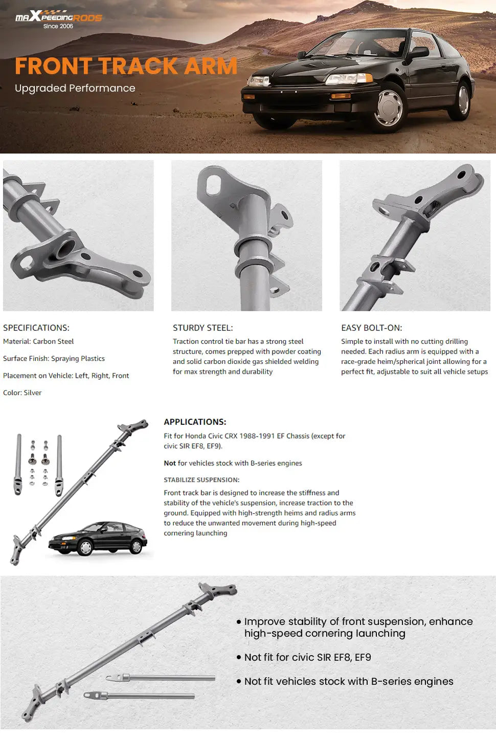 Steel Front Traction Control Tie Bar for Honda Civic CRX 88-91 Suspension Traction Control Tie Bar Kit