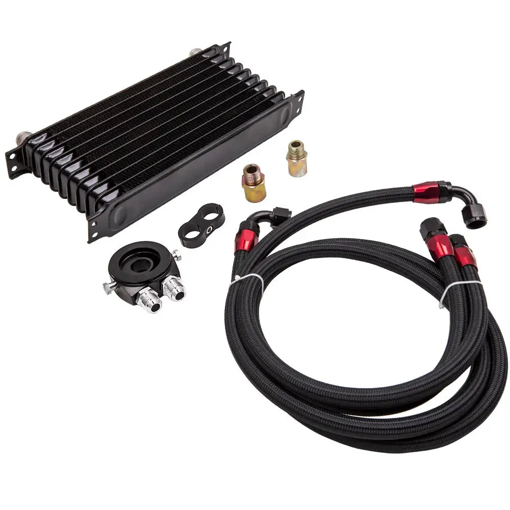 Universal 10 ROW AN-10 Engine Aluminum Oil Cooler Kit + Filter Adaptor Hose End