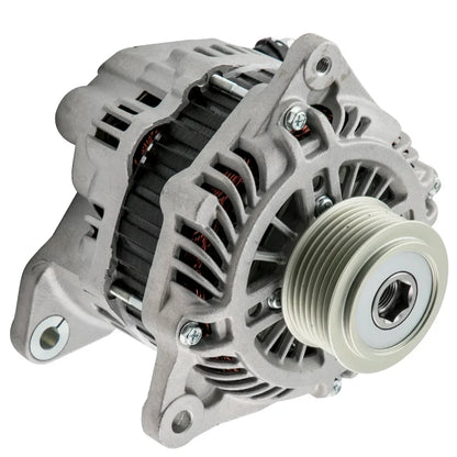 Nowy szary metaliczny alternator do nissan navara d40 z żebrowaną obudową chłodzącą i widocznym okablowaniem