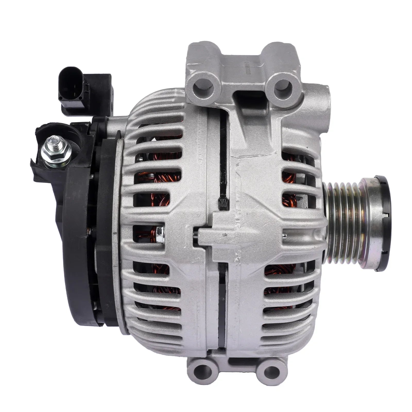 Srebrny alternator 150a 14v do bmw e90 e91 e92 z czarnymi plastikowymi elementami i miedzianym okablowaniem
