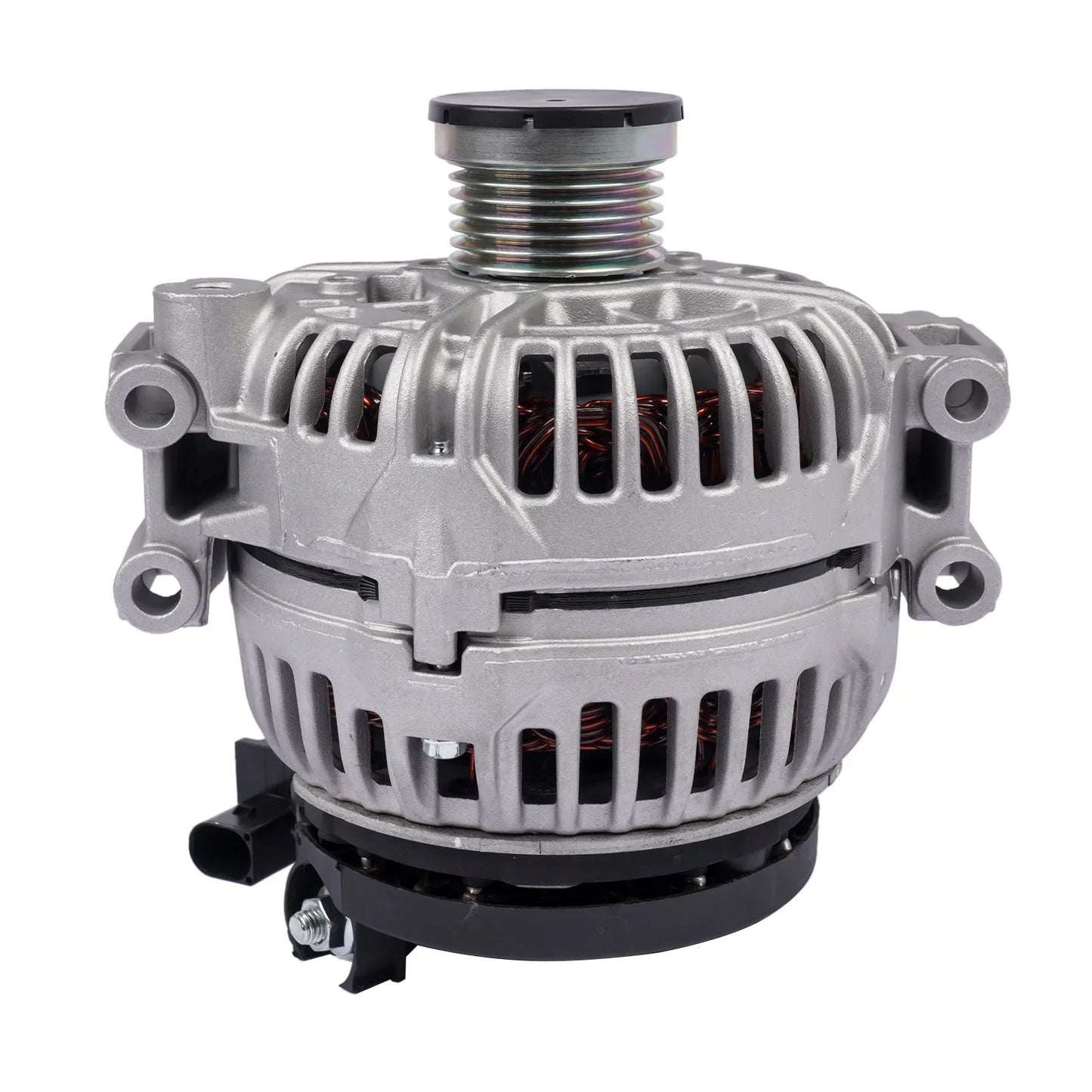 Srebrny alternator 150a 14v do bmw e91 e92 e93 z żeberkowaniem, czarną podstawą i górną pokrywą