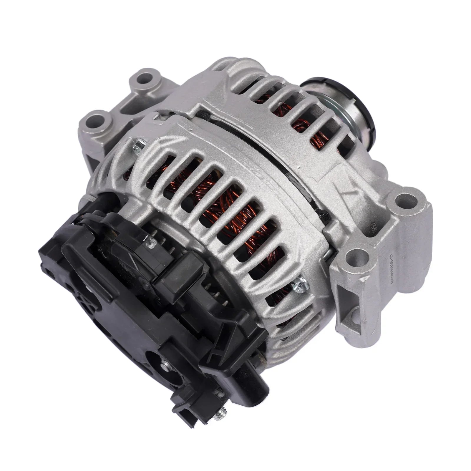 Srebrny alternator 150a 14v z czarnymi plastikowymi elementami i miedzianym okablowaniem do e46 e90 e91 modeli bmw