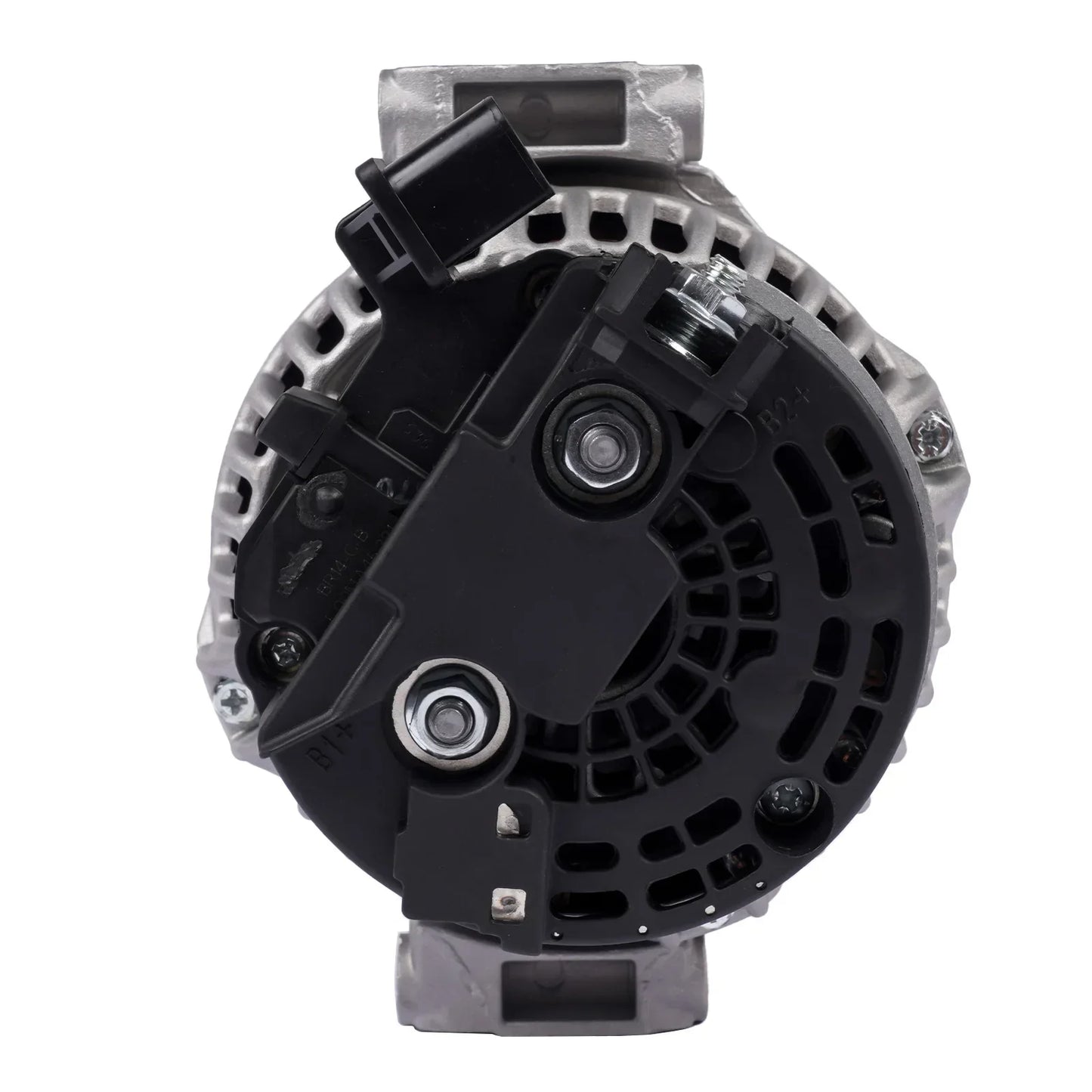 Alternator 150a 14v do bmw e91 e92 e93 srebrno czarny z żebrowaną obudową i zaciskami terminalowymi