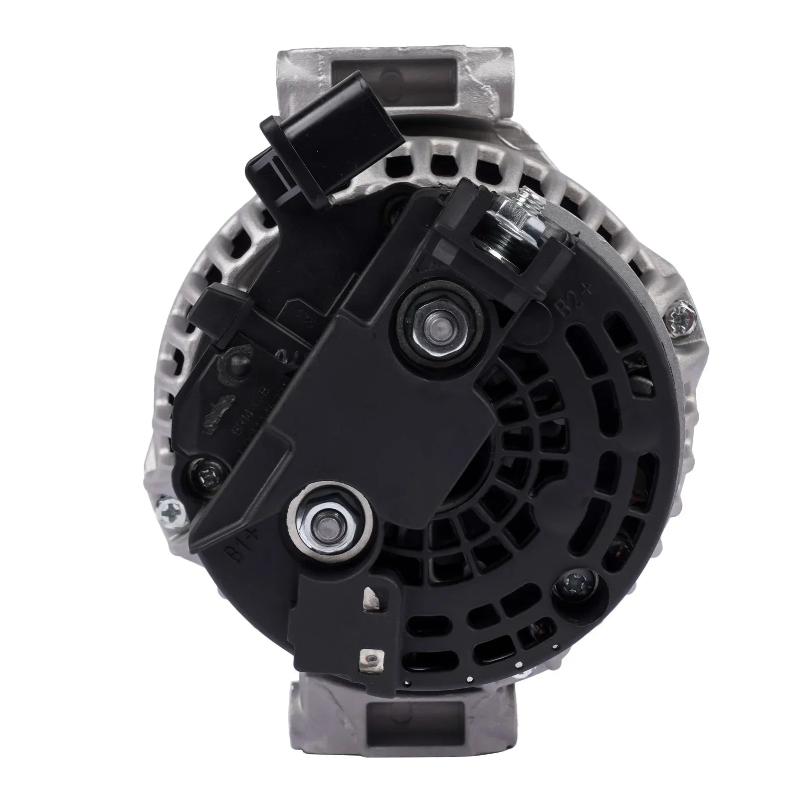 Alternator 150a 14v do bmw e91 e92 e93 srebrno czarny z żebrowaną obudową i zaciskami terminalowymi