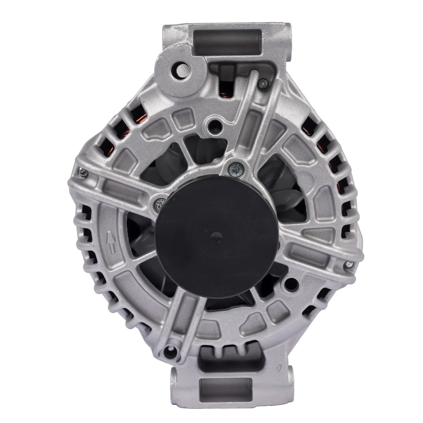 Srebrny alternator z aluminium o mocy 150a 14v z czarnym centralnym piastą i żeberkami chłodzącymi do bmw e91 e92 e93