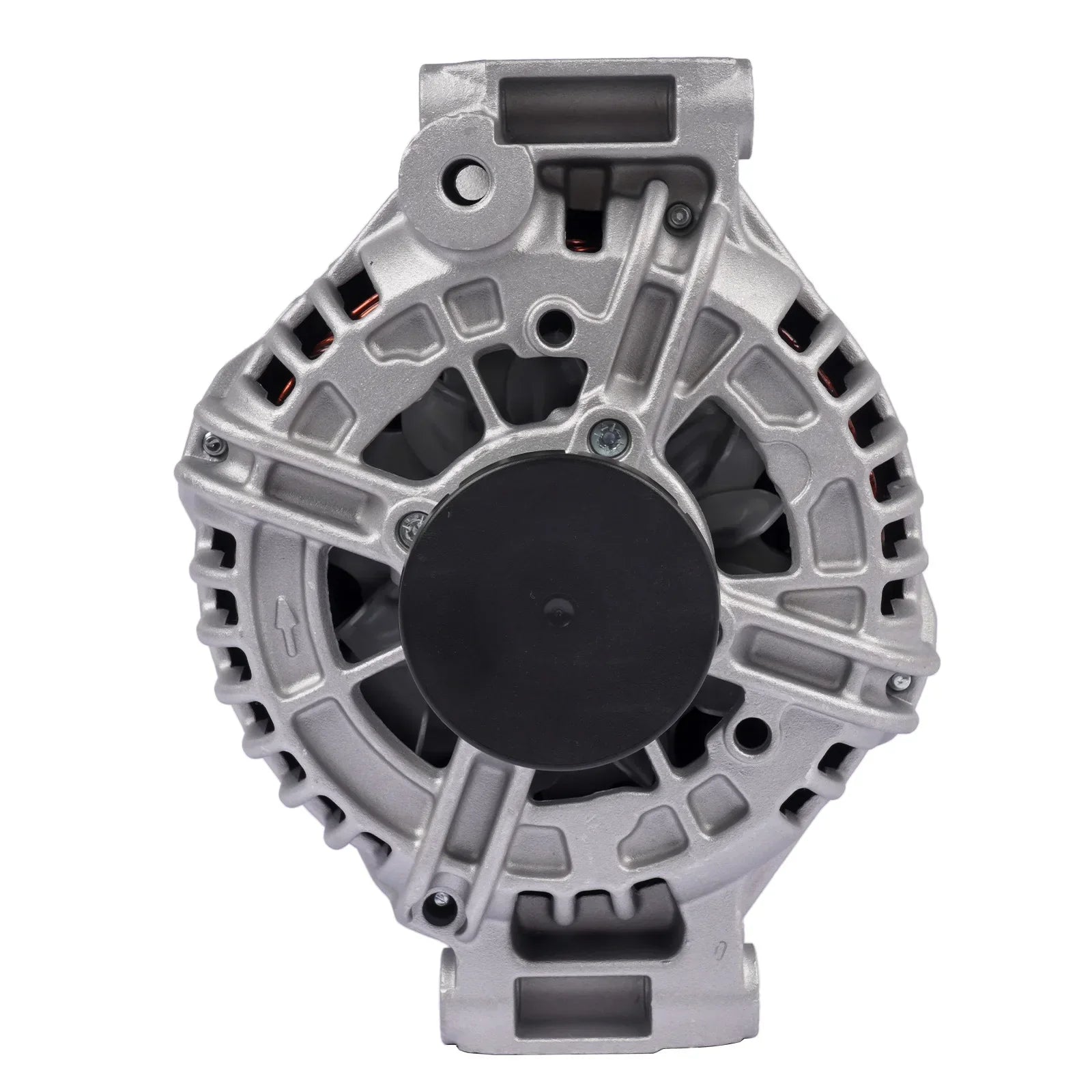 Srebrny alternator z aluminium o mocy 150a 14v z czarnym centralnym piastą i żeberkami chłodzącymi do bmw e91 e92 e93