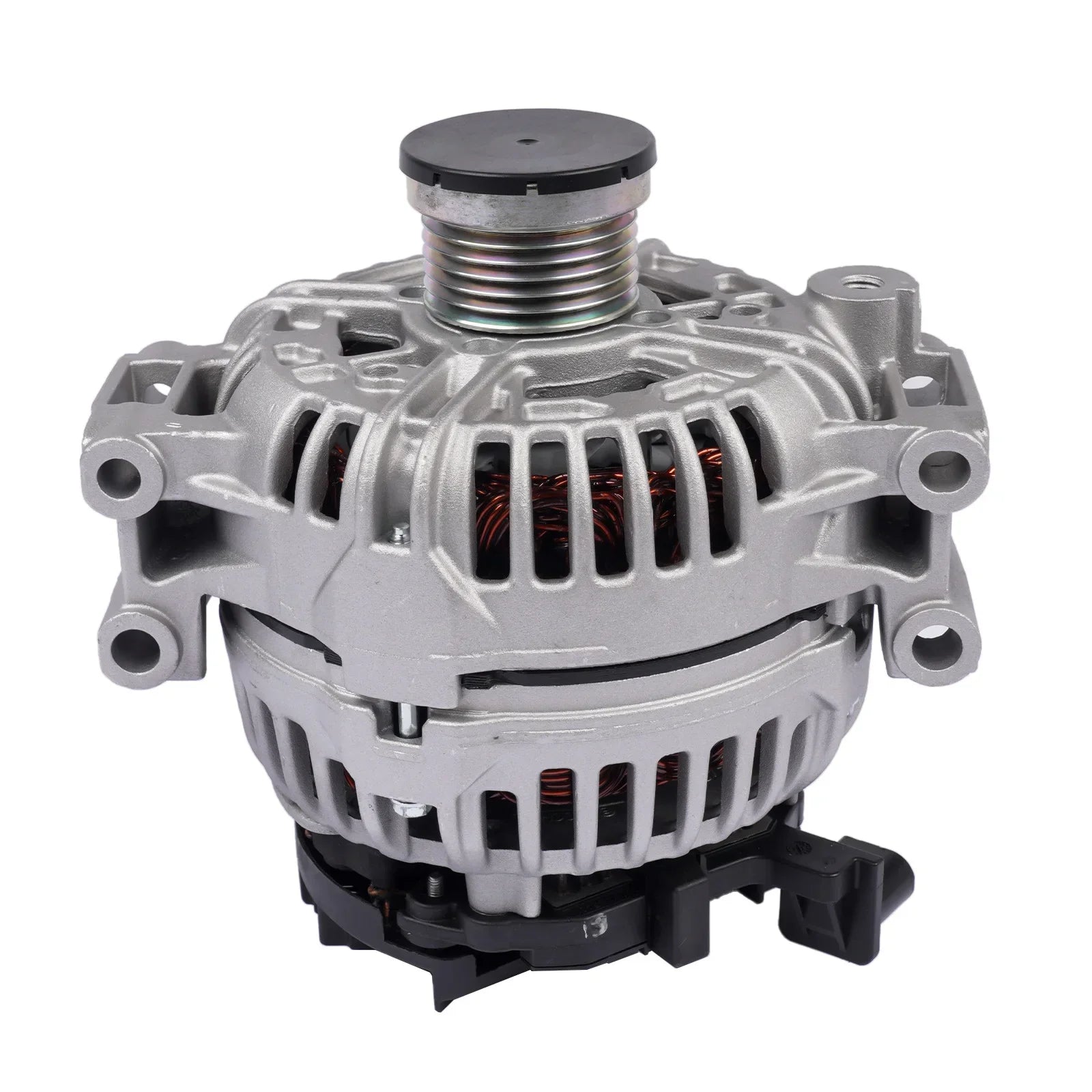 Alternator 150a 14v w kolorze srebrnym z czarną górną pokrywą i plastikowym mocowaniem do bmw e90 e91 e92