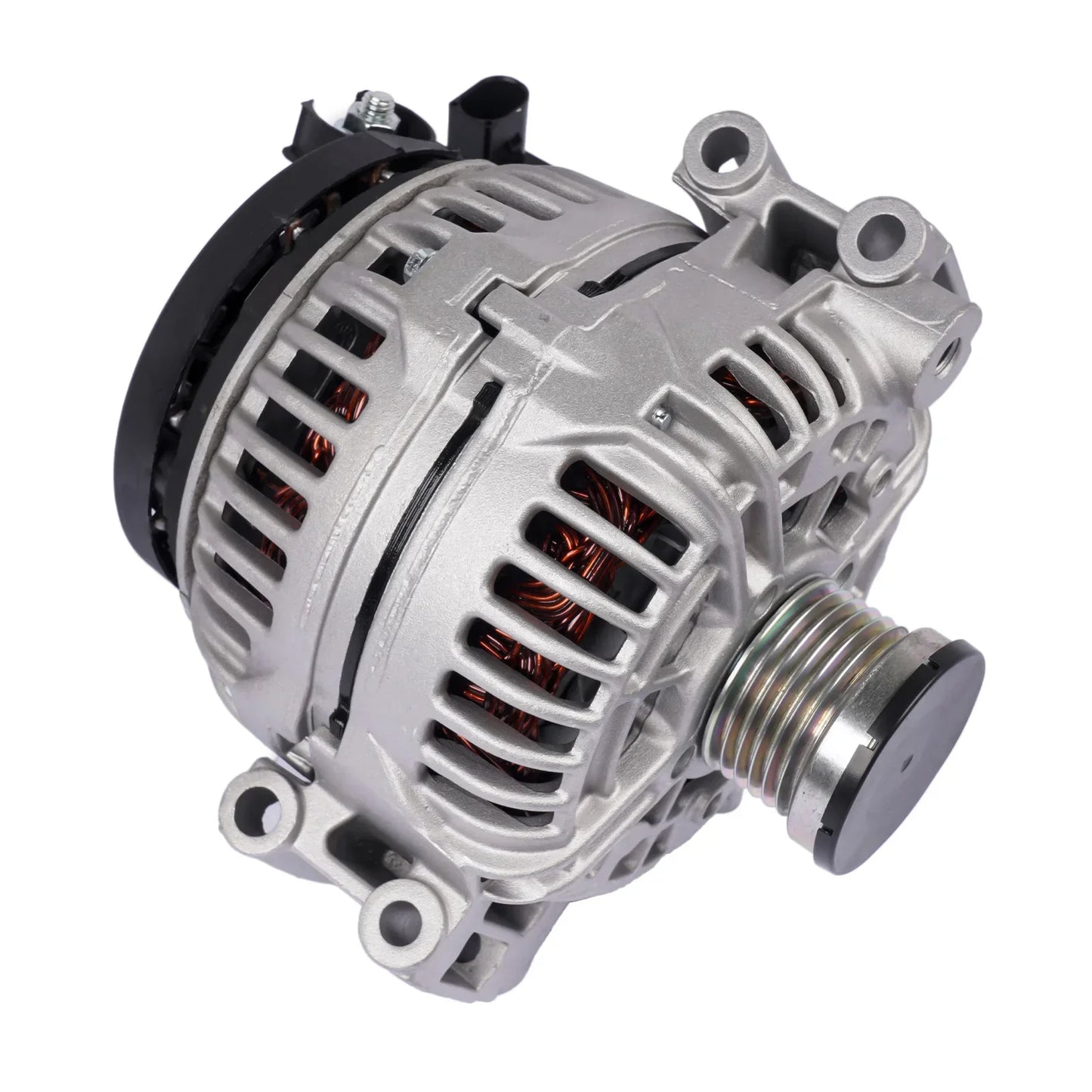 Alternator 150a 14v do bmw e90 e91 e92 srebrny aluminiowy z czarnymi gumowymi i metalowymi elementami i żeberkowanym chłodzeniem