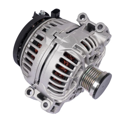 Alternator 150a 14v do bmw e90 e91 e92 srebrny aluminiowy z czarnymi gumowymi i metalowymi elementami i żeberkowanym chłodzeniem