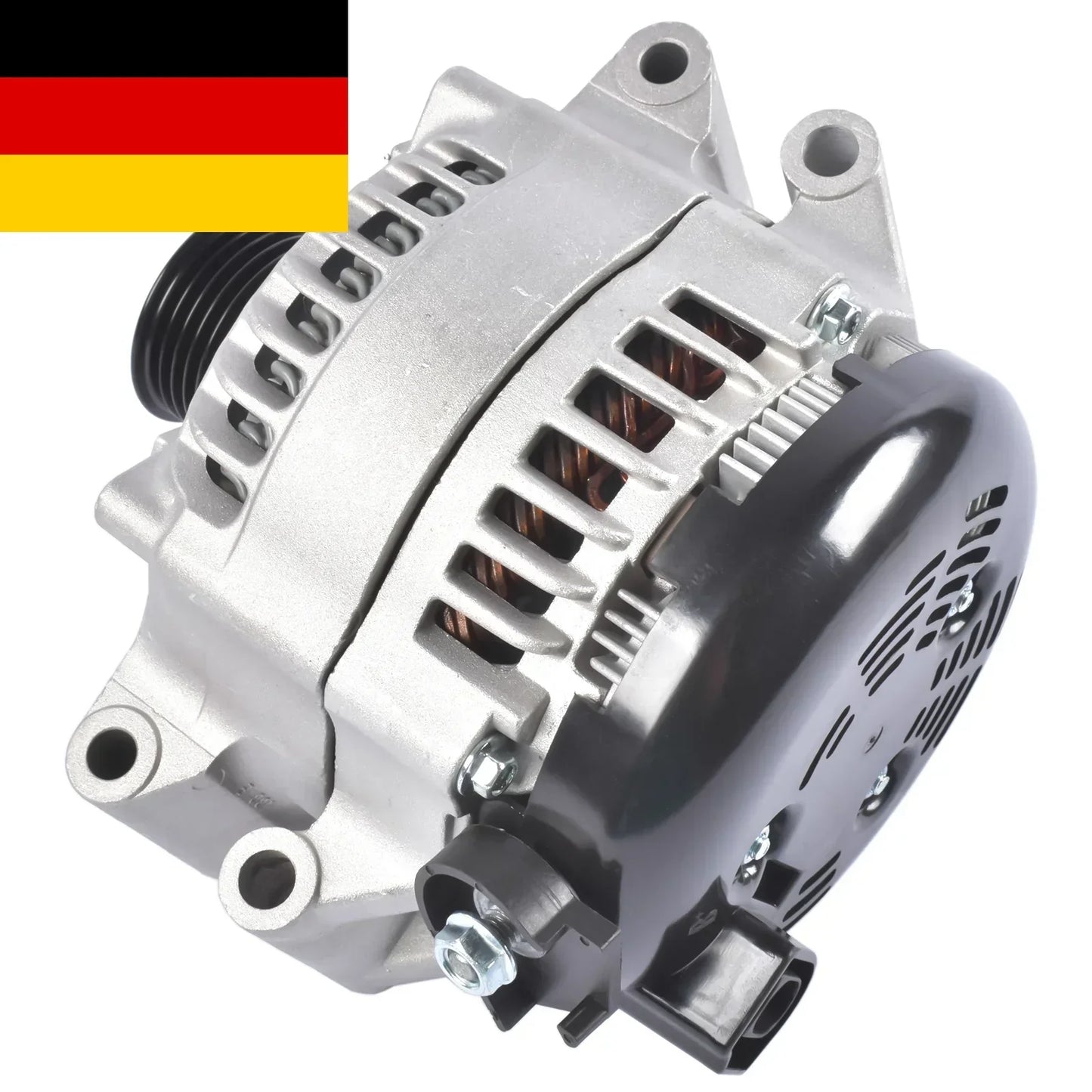 Nowy srebrny alternator do bmw 435i gran coupe z czarnym żebrowanym aluminiowym obudową i widocznymi miedzianymi uzwojeniami