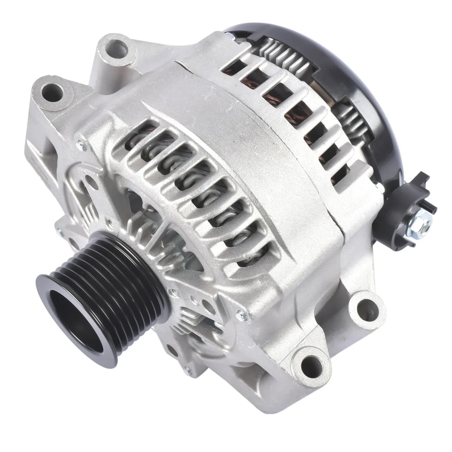 Nowy srebrny alternator z aluminium z czarnymi gumowymi i plastikowymi elementami do bmw 435i gran coupe