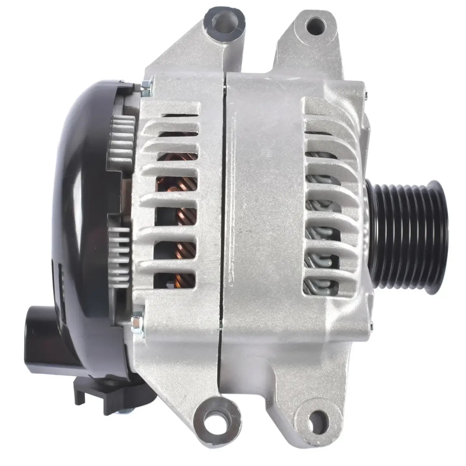 Nowy srebrny alternator z aluminium do bmw 435i gran coupe i bmw 535i z czarną obudową i gwintowanym wałkiem wyjściowym