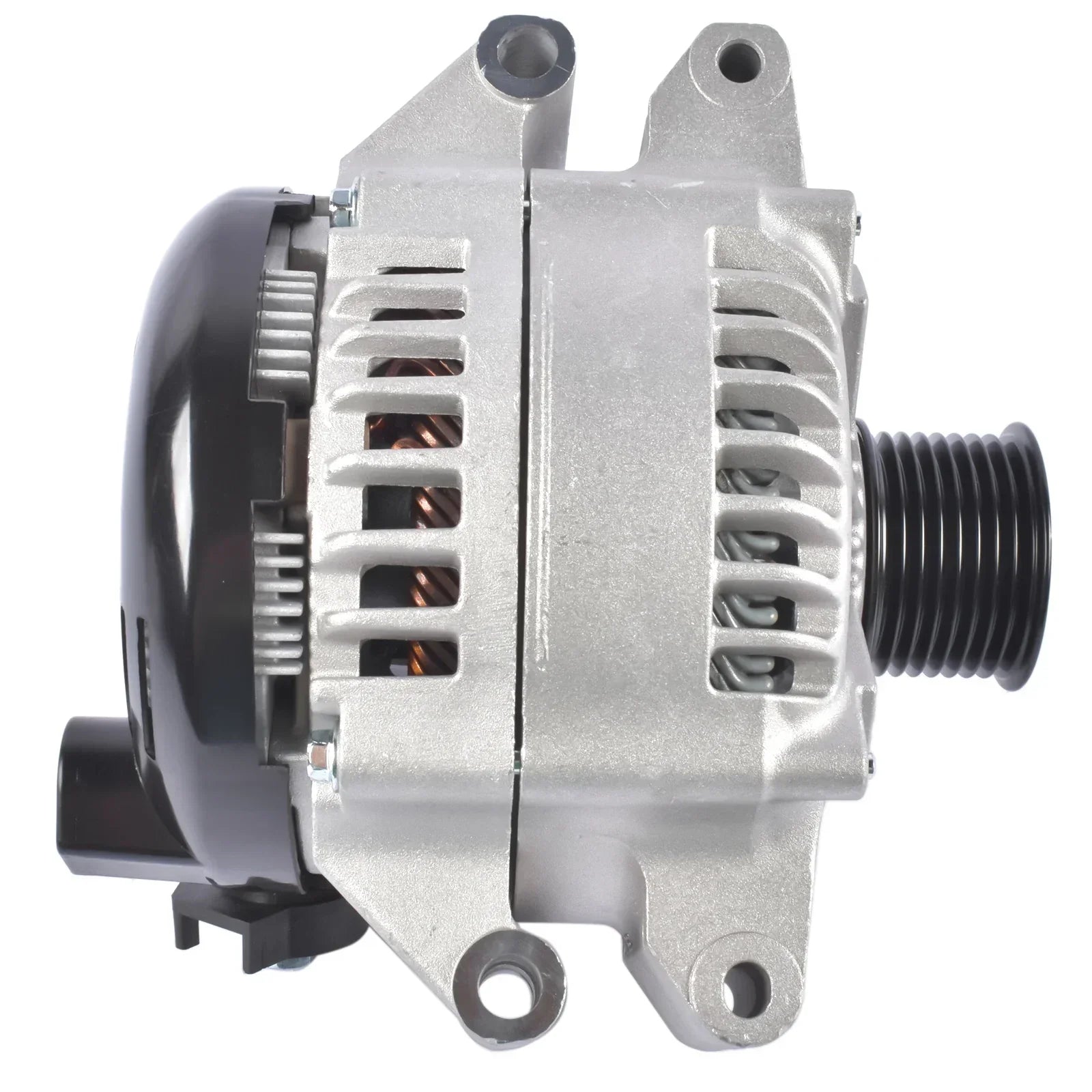 Nowy srebrny alternator z aluminium do bmw 435i gran coupe i bmw 535i z czarną obudową i gwintowanym wałkiem wyjściowym