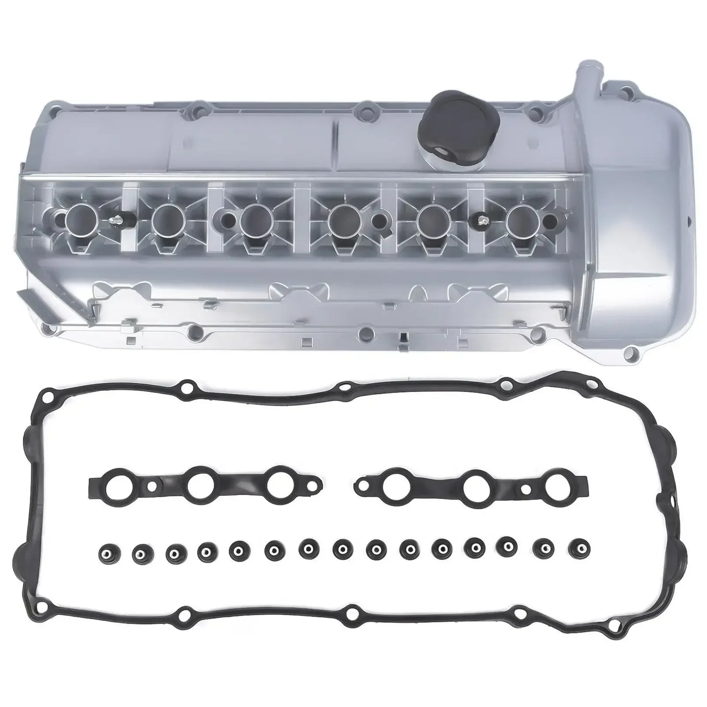 Aluminiowa pokrywa zaworów srebrna z czarną pokrywą oleju i uszczelką do bmw e39 e60 serii 3 5 7 x3 x5