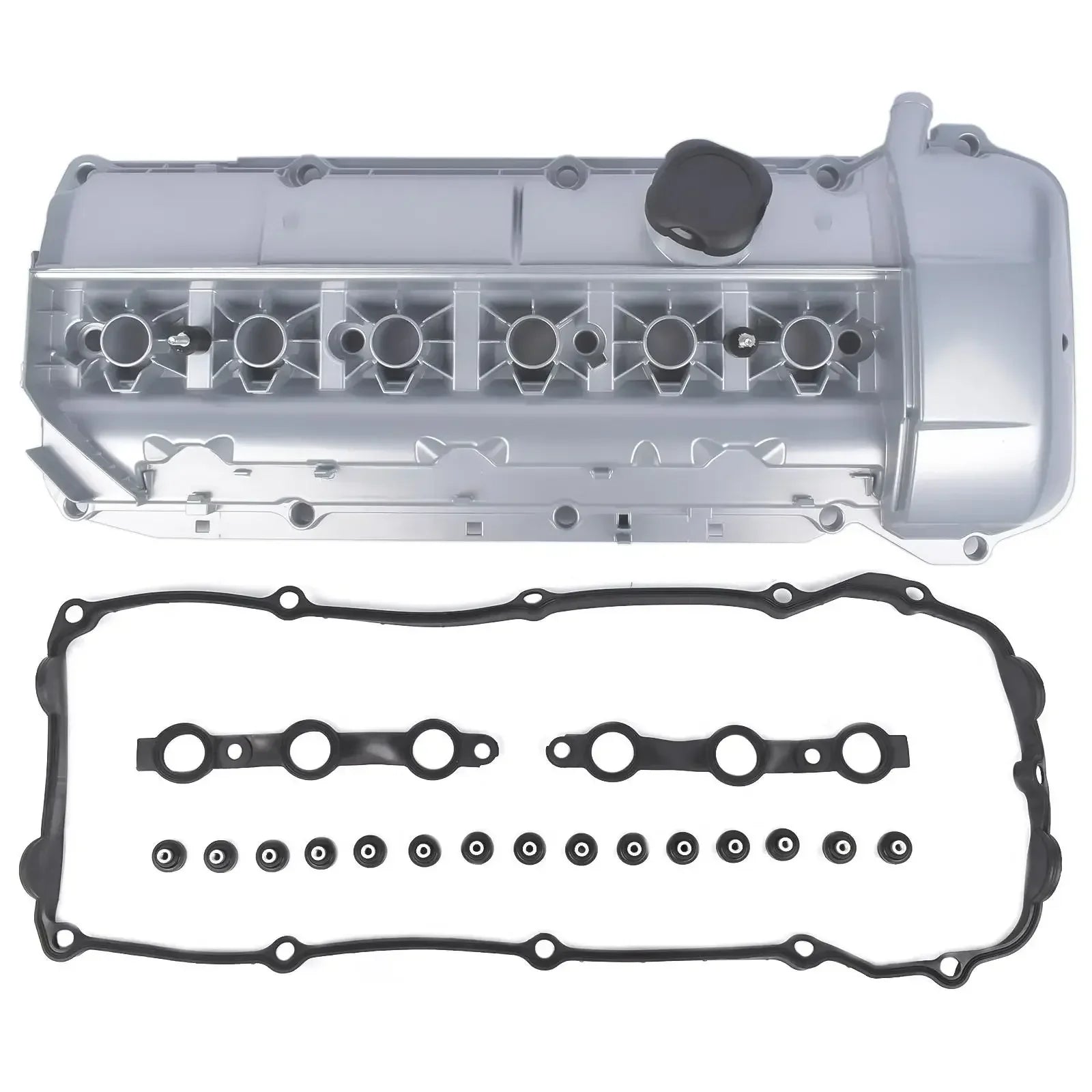 Aluminiowa pokrywa zaworów srebrna z czarną pokrywą oleju i uszczelką do bmw e39 e60 serii 3 5 7 x3 x5