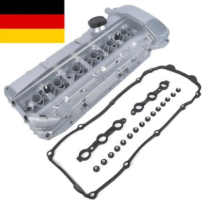 Aluminiowa pokrywa zaworów srebrna metaliczna z czarną gumową uszczelką i śrubami do bmw e39 e60