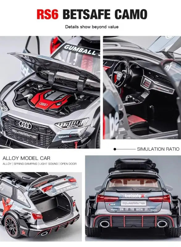 Audi RS6 1:24 – Metalowy Model Samochodu Modyfikowanego Z Mechanizmem Cofania i Efektami Dźwiękowymi - SZARY