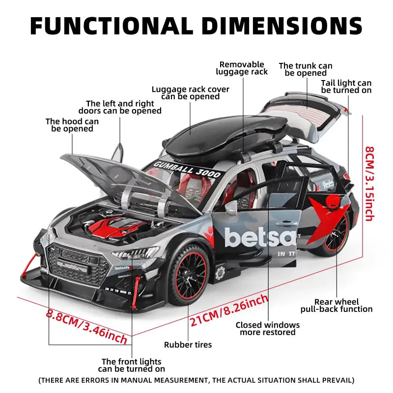 Audi RS6 1:24 – Metalowy Model Samochodu Modyfikowanego Z Mechanizmem Cofania i Efektami Dźwiękowymi - SZARY
