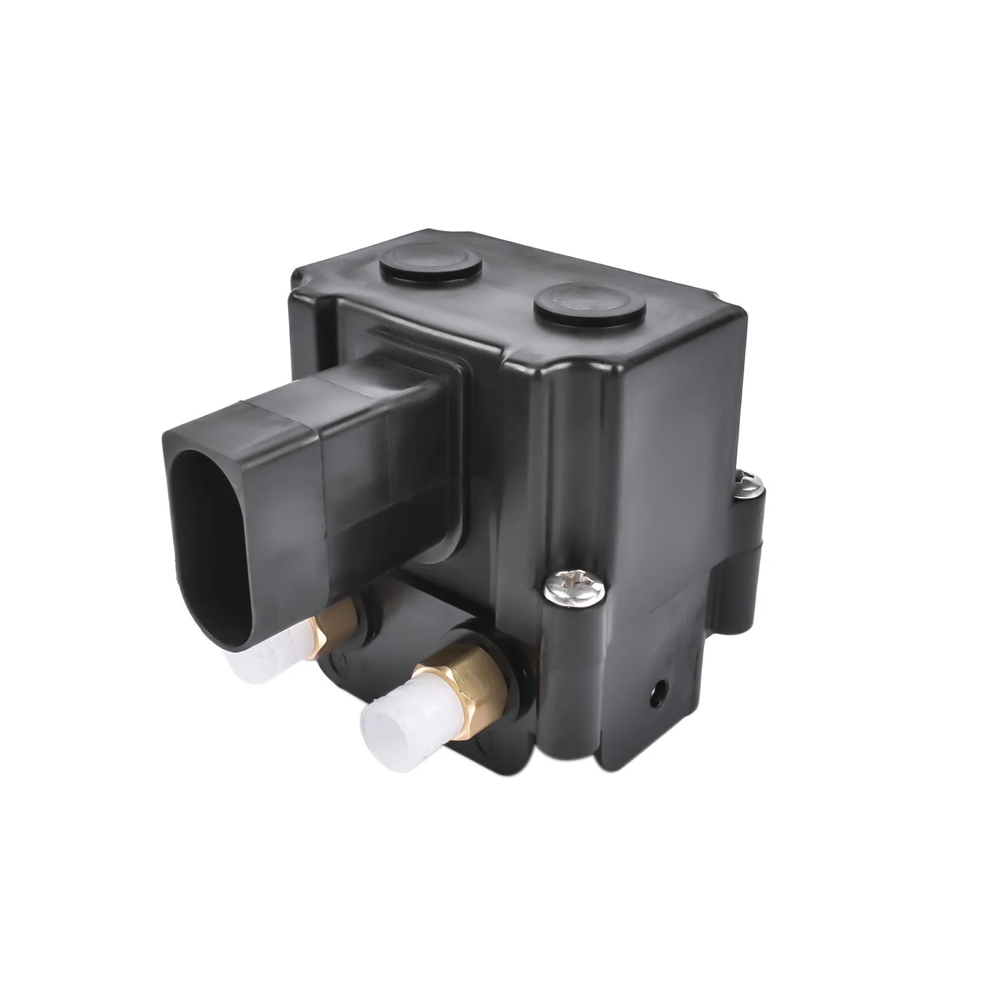 Czarna plastikowa obudowa z dwoma mosiężnymi końcówkami i białymi zamknięciami ap03 solenoid valve block e61 x5 e70 x6 e71 part number